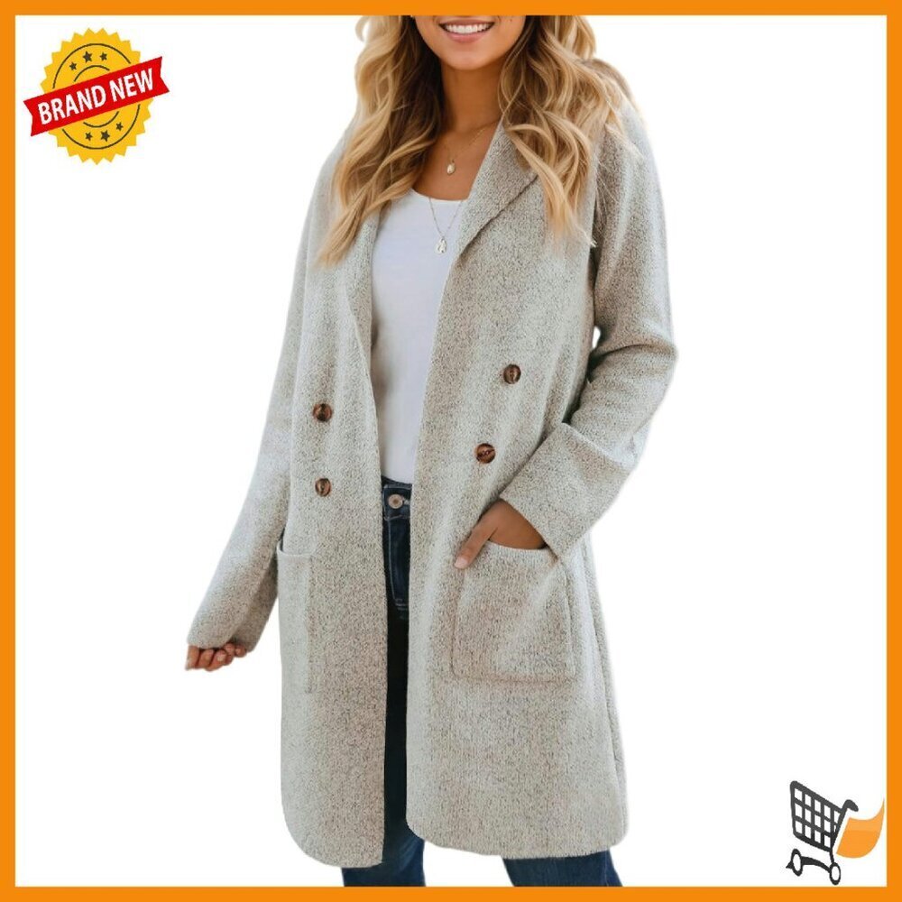 Long Knit Cardigan Sweater with Pockets, Notch Lapels, Open Front